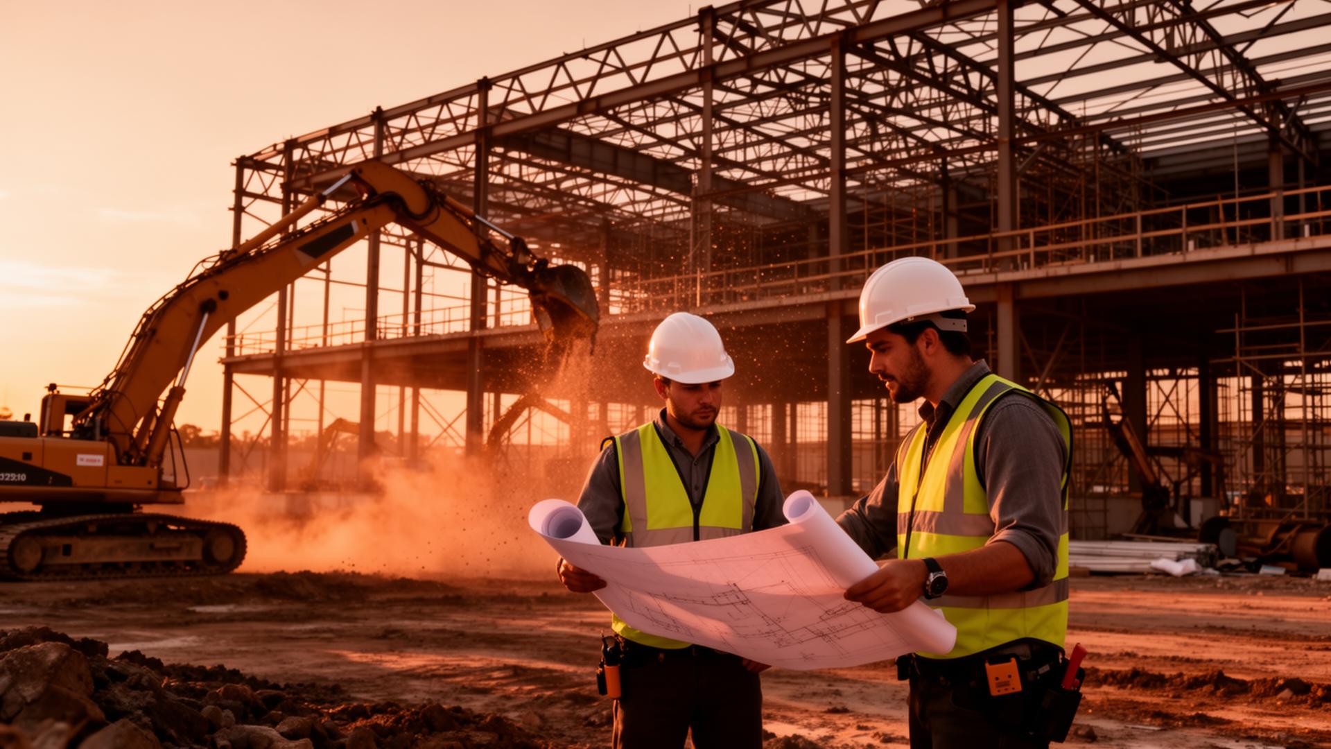 Engenheiros analisando projeto em canteiro de obra ao entardecer